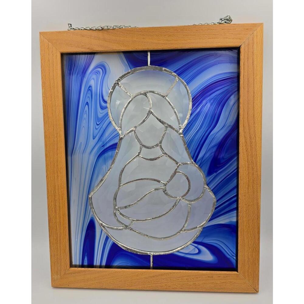 Vintage Blue and White Hanging Mary Jesus Stained Glass Window In Wood Frame